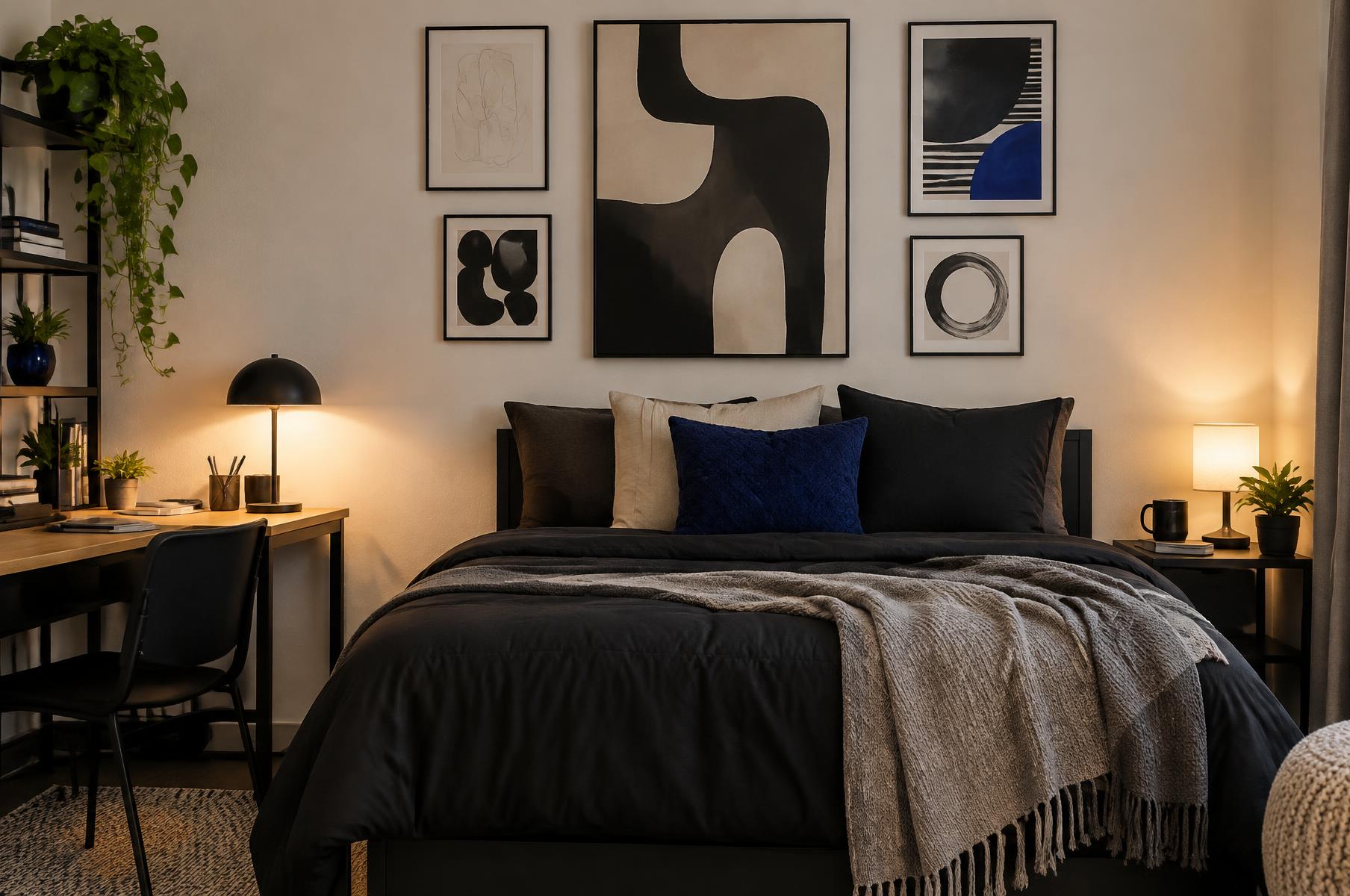 The same college bedroom upgraded with coordinated wall art