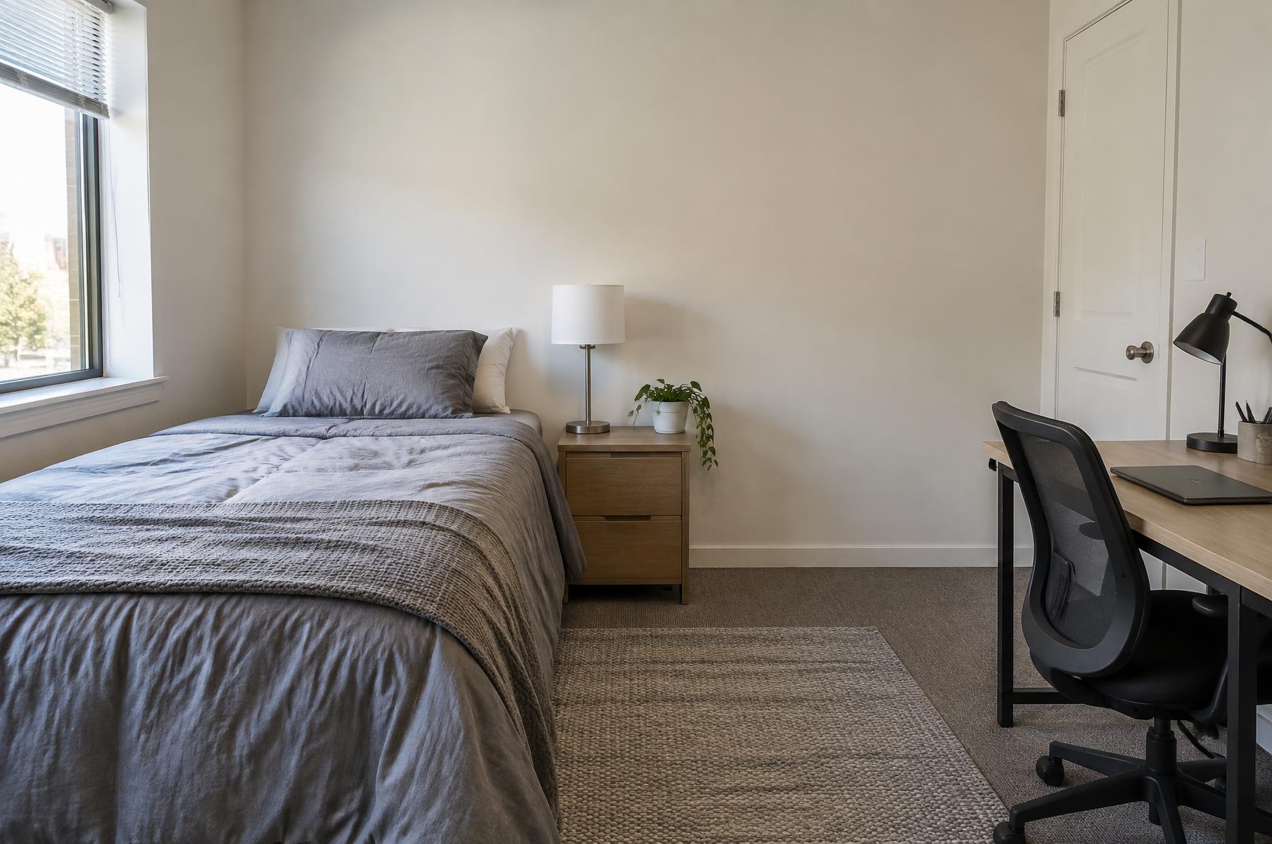 A plain college bedroom before a wall-art upgrade